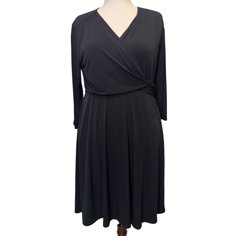 Lane Bryant Faux Wrap Pullover Dress 14/16 Black Pockets 3/4 Sleeve LBD Stretch